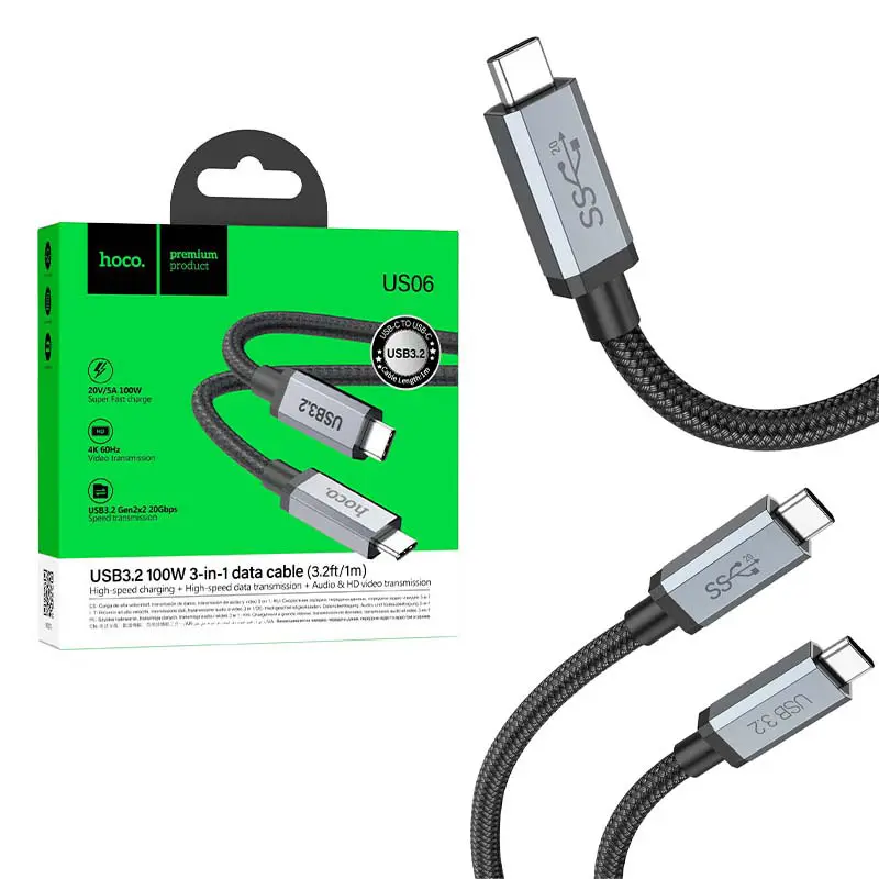 Cable Type-C vers Type-C USB 3.2 20gbps PD 100W 4K60hz HOCO US06 - 1m