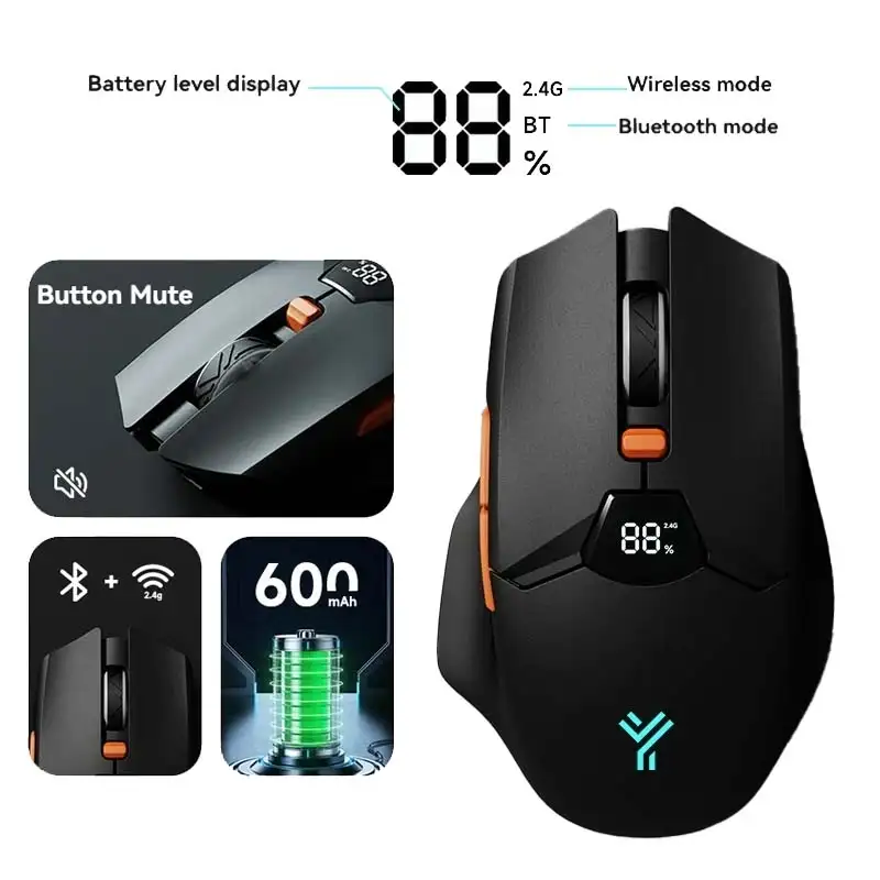 Souris Sans-Fil Double Mode Bluetooth & 2.4G avec Écran Batterie LED Rechargeable 600mAh