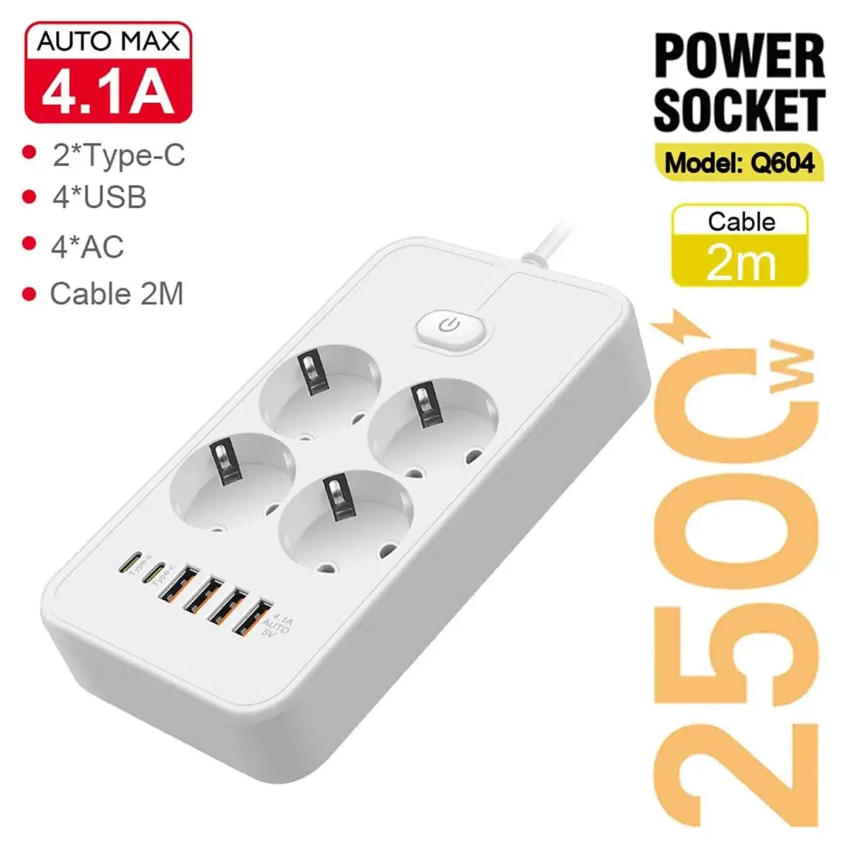 Multiprise Rallonge 4 Ports Prise AC 2500W + Chargeur AUTO-ID 4.1A 4 x USB + 2 x USB-C 2m Q604 - Blanc