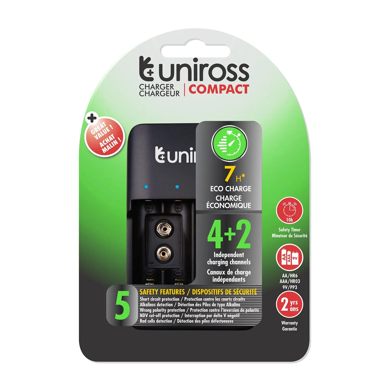 Chargeur de pile UNIROSS COMPACT AA / AAA / 9V By Micro USB 7h UCU004