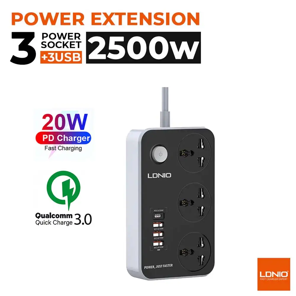 Multiprise rallonge universelle LDNIO SC3412 3 USB QC3.0 + 1 Type-C PD 20W + 3 Prise 2500W 2m