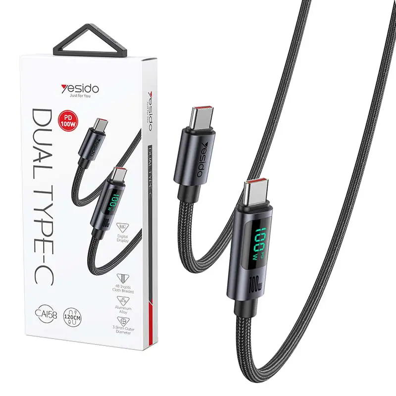 Câble de données et Charge tressé Type-c Vers Type-c 100W avec affichage Puissance LED YESIDO CA158 1.2m