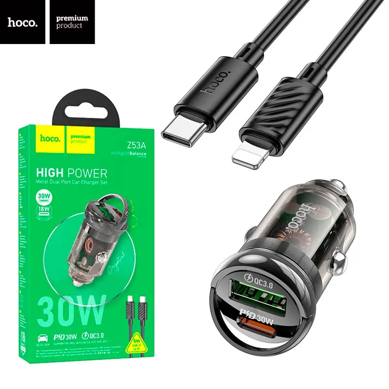 Chargeur AUTO 30W Type-c PD + USB QC3.0 HOCO Z53A + Cable USB-C Vers Lightning Iphone 1m
