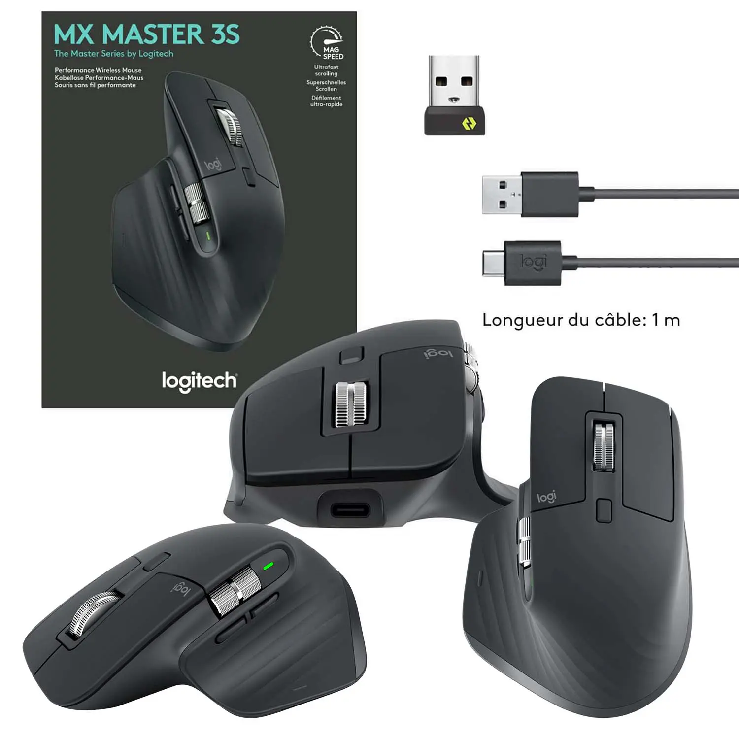 Souris Logitech sans-fil 2.4ghz et Bluetooth MX Master 3S 8000 dpi - 7 boutons