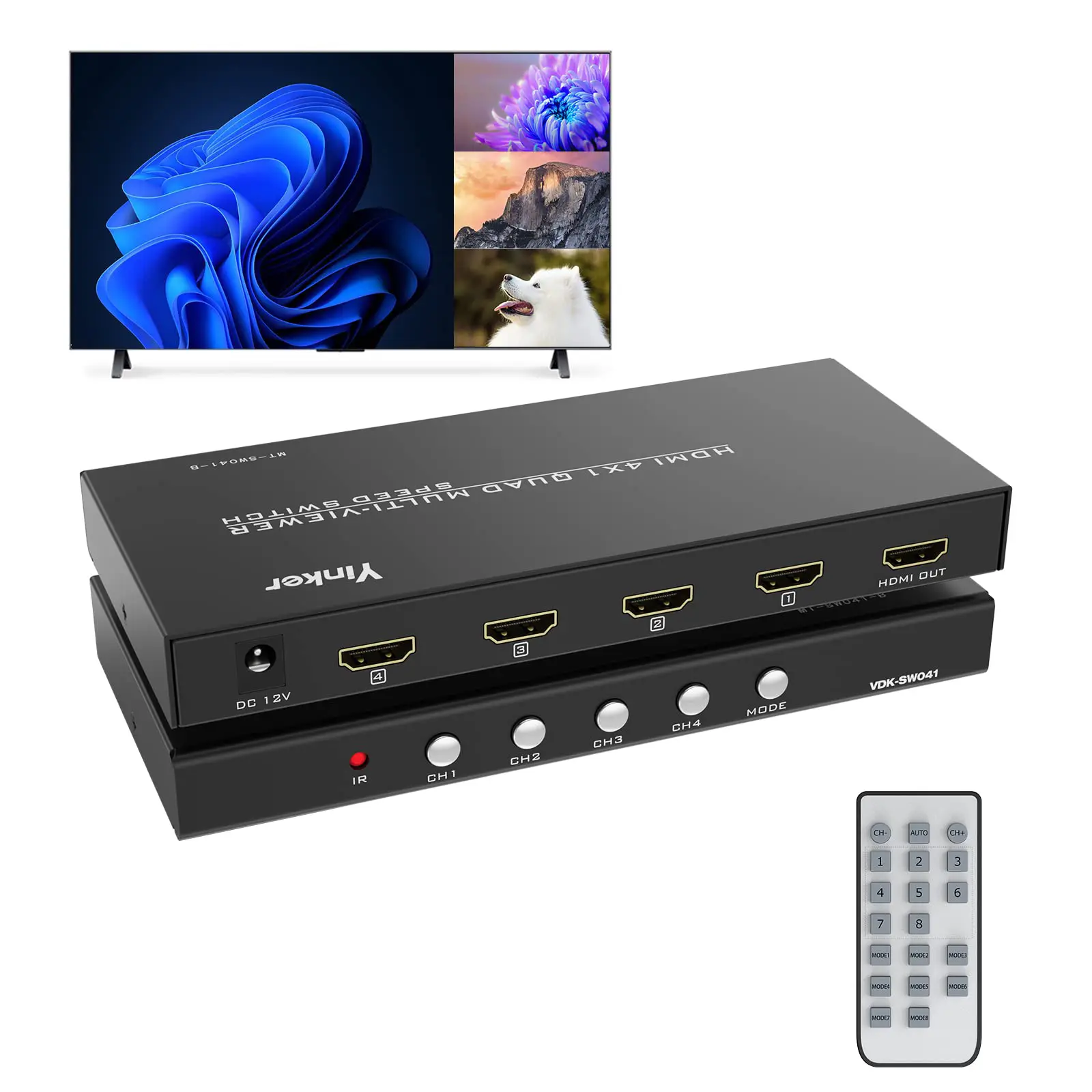 Switch MULTI-VIEWER HDMI 4 Ports Entrée répartiteur videos MT-ViKI MT-SW041 avec télécommande