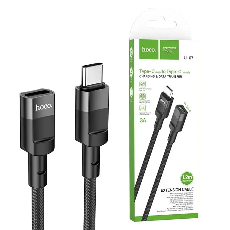 Rallonge Type-c mâle to Type-c Femelle HOCO U107 3A 1.2m pour charge et transfert de données