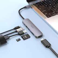 HUB Adaptateur 6 en 1 HOCO HB28 Type-c vers HDMI 4K + PD 100W USB-C + USB 3.0 + USB 2.0 + Carte Micro SD / SD