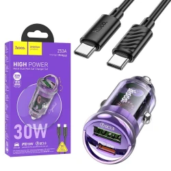 Chargeur AUTO 30W Type-c PD + USB QC3.0 HOCO Z53A + Câble USB-C Vers USB-C 1m