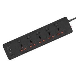 Multiprise Rallonge universelle 5 Prise AC 2500W avec interrupteur + Chargeur 3 x USB + USB-C 2m MT-PF12 - Noir