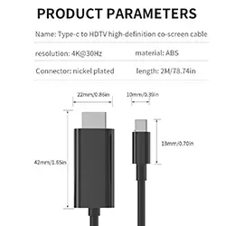 Câble adaptateur USB-C type-c vers HDMI 4K 30hz 2m compatible Thunderbolt 3
