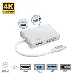 Adaptateur Convertisseur 4 en 1 USB-C Type-c vers HDMI + VGA + DVI + USB 3.0 4K
