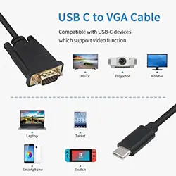 Câble adaptateur USB-C Type-c Thunderbolt 3 vers VGA 1080P 1.8m