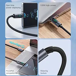 Câble de données et Charge tressé Type-c Vers Type-c 100W avec affichage Puissance LED YESIDO CA158 1.2m