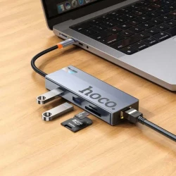 Station d'accueil HUB 8 en 1 HOCO HB52 TYPE-C vers to HDMI 4K 60Hz + Rj45 + 2 * USB 3.0 + USB-C + PD 100W + Carte Micro SD / SD