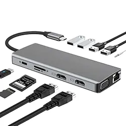 HUB Adaptateur 12 en 1 Type-c vers 2 x HDMI 4K + VGA + RJ45 + 1 x USB 3.0 + 3 x USB 2.0 + SD + Micro SD + AUX 3.5mm + Type-c PD 100W