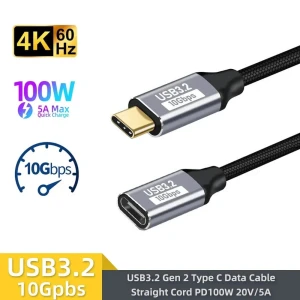 Câble extension USB-C Type-C Thunderbolt 3 10Gbps USB 3.2 Gen2 100W 5A 4K UHD - 1m