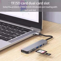 HUB Adaptateur 6 en 1 Type-c vers HDMI 4K + PD 87W USB-C + 2 x USB 3.0 + Carte Micro SD / SD en Alliage d'aluminium