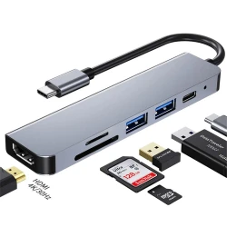 HUB Adaptateur 6 en 1 Type-c vers HDMI 4K + PD 87W USB-C + 2 x USB 3.0 + Carte Micro SD / SD en Alliage d'aluminium