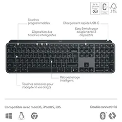 Logitech MX Keys S Clavier sans Fil Bluetooth Rechargeable USB-C Rétroéclairé AZERTY Français