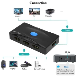 Switch Commutateur HDMI 2.0 3 en 1 4K 60hz 3 Ports MT-ViKI MT-HD0301 avec télécommande infrarouge