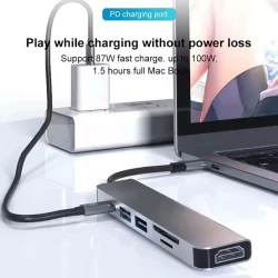 HUB Adaptateur 6 en 1 Type-c vers HDMI 4K + PD 87W USB-C + 2 x USB 3.0 + Carte Micro SD / SD en Alliage d'aluminium