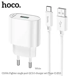 Chargeur Rapide Alimentation USB 18W QC3.0 HOCO C109A + câble USB-A vers USB-C 1m