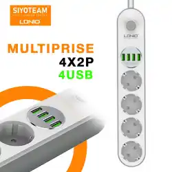 Multiprise Rallonge SIYOTEAM 4 Prise + 4 USB 5V 3.4A 2m SE4432 2500W