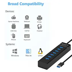 HUB Concentrateur USB 3.0 7 Ports USB 3.0 30cm Pour PC Linux MacOS