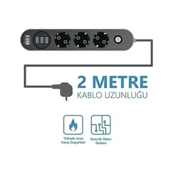 Multiprise rallonge 3 Prise + 3 USB 2500W avec interrupteur 2m FULLTECH FTR-01