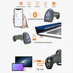 HENEX Lecteur code a barre sans-fil rechargeable 3 en 1 USB + 2.4ghz + Bluetooth 1D 2D QR HC-5208SR-2D-BT