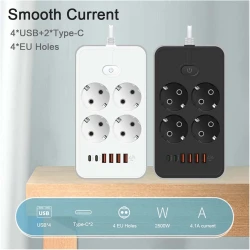 Multiprise Rallonge 4 Ports Prise AC 2500W + Chargeur AUTO-ID 4.1A 4 x USB + 2 x USB-C 2m Q604 - Blanc