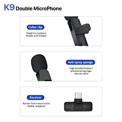 Double Microphone Lavalier cravate sans-fil K9 multi-plateforme Lightning iphone Type-c Micro USB