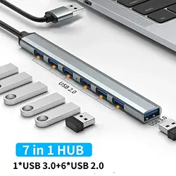 HUB Répartiteur 7 en 1 USB 3.0 5Gbps vers 1 x USB 3.0 + 6 x USB 2.0 OTG en aluminium
