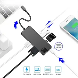 Adaptateur HUB 8 en 1 USB-C to HDMI + RJ45 + Type-C + SD CARD + 2 * USB 3.0 + HDMI + VGA