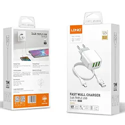 Chargeur LDNIO A3312 Triple USB 5V/3.4A 17W pour iphone Samsung Android + Cable Micro USB 1m