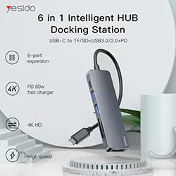 HUB Adaptateur 6 en 1 Type-c vers HDMI 4K + PD 60W USB-C + 2 x USB 3.0 + Carte Micro SD / SD YESIDO HB11 en Alliage d'aluminium