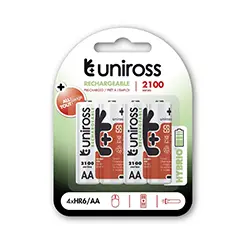 Pack 4 x Pile Rechargeable AA UNIROSS 2100mAh HYBRIO pre-charged UH4AA2100