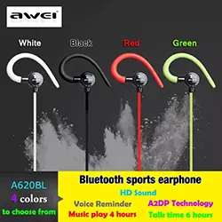 Ecouteur Sans-fil Bluetooth 4.1 AWEI A620BL aimant Crochet oreille pour Sport avec microphone - Blanc