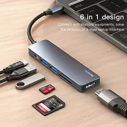 HUB Adaptateur 6 en 1 Type-c vers HDMI 4K + PD 60W USB-C + 2 x USB 3.0 + Carte Micro SD / SD YESIDO HB11 en Alliage d'aluminium