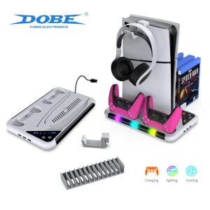 Dobe TP5-3557D Support Docking RGB pour PS5 / PS5 Slim Manette avec ventilateur de refroidissement