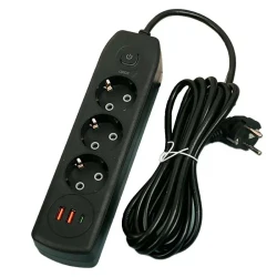 Multiprise Rallonge 3 Ports Prise AC 2500W + Chargeur AUTO-ID 2.1A 2 x USB + USB-C PD 2m Q602 - Noir