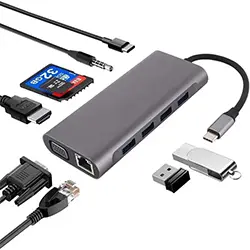 Adaptateur HUB 11 en 1 USB-C to HDMI + RJ45 + Type-C + SD CARD + MICRO SD + 1 * USB 3.0 + 3 * USB 2.0 + AUDIO + VGA
