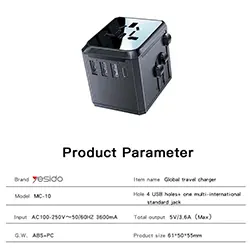 Adaptateur de voyage Universelle Multi-Prise UK EU US AU YESIDO MC10 3 x USB + 1 x Type-C