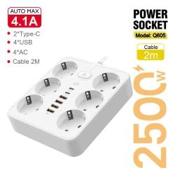 Multiprise Rallonge 6 Ports Prise AC 2500W + Chargeur AUTO-ID 4.1A 4 x USB + 2 x USB-C 2m Q605 - Blanc
