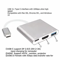 Adaptateur Convertisseur 3 en 1 USB-C Type-C Vers to HDMI + USB 3.0 + Type-C PD 4K 30Hz