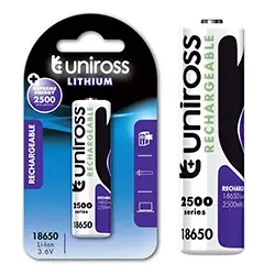 Pile Rechargeable UNIROSS Li-Ion 3.6V 2500mAh 18650 BT BP1 Bouton UM18650BT25