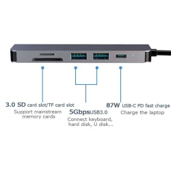 HUB Adaptateur 6 en 1 Type-c vers HDMI 4K + PD 87W USB-C + 2 x USB 3.0 + Carte Micro SD / SD en Alliage d'aluminium
