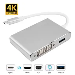Adaptateur Convertisseur 4 en 1 USB-C Type-c vers HDMI + VGA + DVI + USB 3.0 4K