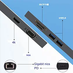 Adaptateur HUB 8 en 1 USB-C to HDMI + RJ45 + Type-C + SD CARD + 2 * USB 3.0 + HDMI + VGA