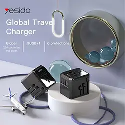 Adaptateur de voyage Universelle Multi-Prise UK EU US AU YESIDO MC10 3 x USB + 1 x Type-C